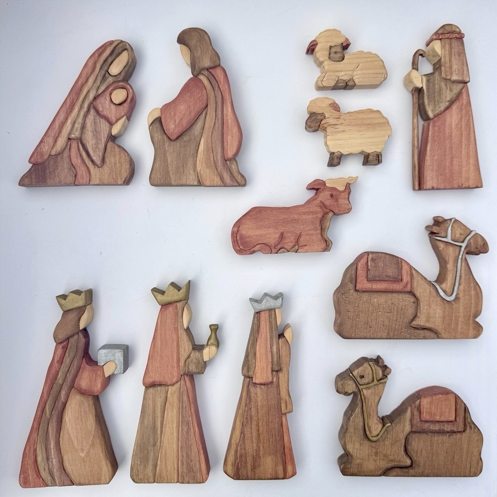 Handmade Nativity Set Wood 11 Pieces Cut Colored Layers Christmas Baby Jesus